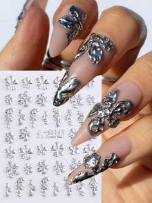 Silver Embossed 5D Nail Stickers Silverly Metal Petals Butterfly Acrylic Spring Summer Flower Sliders Nail Decoration Y2K Valentine's Day Nail Art Supplies DIY Nails - Silver - View 2