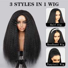 Kinky Straight Half Wig Human Hair 3 In 1 Seamless Flip Over Half Wigs For Women Ready To Go Headband Wig 200% Density Drawstring Kinky Curly Half Wig Glueless Natural Black - Natural Black - 查看 2