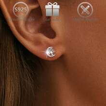1 Pair 925 Sterling Silver Minimalist Elegant Cubic Zirconia Moon & Tree Of Life Design Stud Earrings, Suitable For Daily Casual, Vacation, Wedding, Holiday, Birthday, Valentine's Day Gift - Silver - View 3