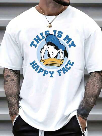  Disney Official Donald Duck Pattern Men's T-Shirt Classic Retro Design, Soft Everyday Casual Shirt, Birthday Gift And Fans Exclusive, Machine Washable, Retro Style, Breathable.