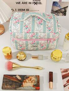 1pc Green Floral Print Cosmetic Bag Set, Zipper Makeup Organizer Bag For Skincare, Cosmetics, Lip Balm, Sunscreen, Hand Cream, Earphones, Coins, Small Items, Cute Makeup Pouch, Makeup Bag, Makeup Case, Essential For Daily Commute, Travel, Cruise, Dorm, Gift For Friend's Birthday, Bridesmaid, Mom, Teacher - Green - View 16