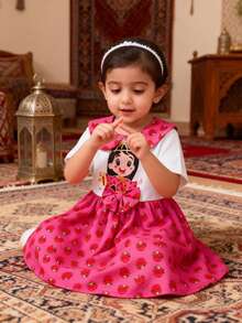 Ramadan Baby Girl Dress, Cute & Elegant Cartoon Girl & Damask Rose Print, Peter Pan Collar Short Sleeve Dress, Eid Al-Fitr Gift - Hot Pink - View 3