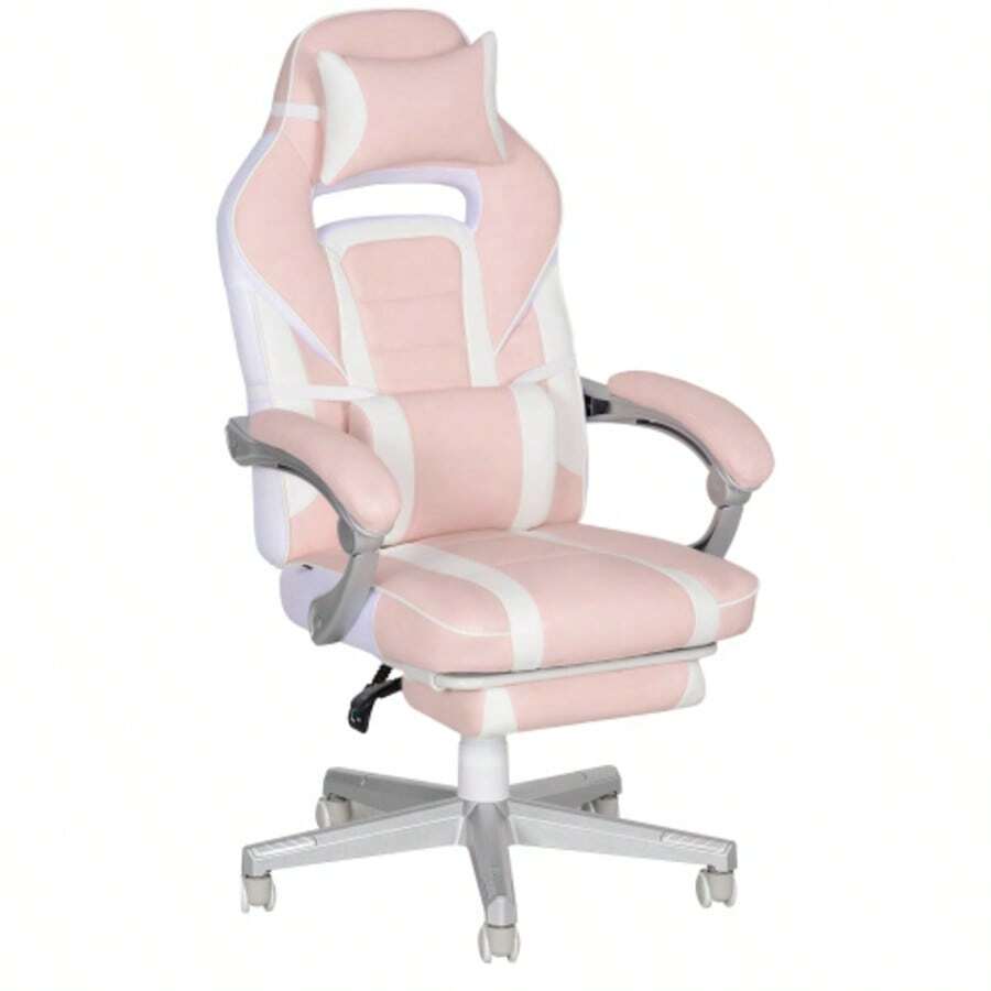 Gaming Chair With Footrest, Height-Adjustable Office Chair With Head And Lumbar Cushions, Swivel Gaming Chair With Reclining Backrest, Faux Leather, Up To 120 Kg, Pink - Red and White - View 1