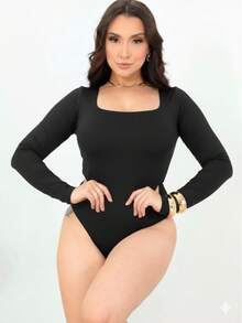 Set Of 2 Women's Long-Sleeved Bodysuits With Square Front - Elegant And Sensual - Party/Casual - Polyester - School/Vacation/Office/Home/Daily Wear - 黑/酒紅色 - 查看 4