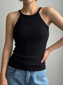 1pc Women's Basic Camisole Top, Casual Comfortable Spaghetti Strap Sleeveless Vest, Slim Fit Ribbed Seamless Cami - Black - View 3