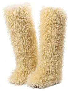 Women's Winter Knee High Boots Pull-On Faux Fur Round Toe Strap Boots For Women Comfy Plush Warm Outdoor Indoor Flat Shoes Punk Party Dressy Furry Fluffy Winter Autumn Fall Boots - 長款黃色 - 查看 10