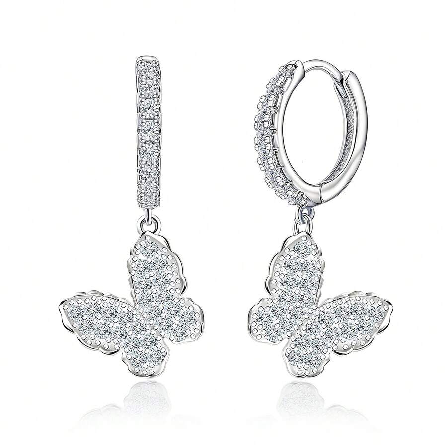 925纯银镶嵌立方氧化锆蝴蝶吊坠耳环，优雅耳环，适合日常佩戴，生日礼物 - 銀色 - 查看 1