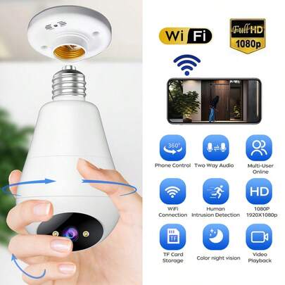 1080P 2.4G WiFi Bulb Camera, 360° PTZ Panoramic Smart Home IP Camera, E27 Base, Indoor/Outdoor Use, Home Security Monitor, Two-Way Audio Communication, Motion Detection Alarms, Full-Color Night Vision, Automatic Alert Notifications, Your Trusted Home Security Assistant