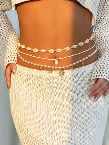 Bộ 3 dây đeo eo đính hạt đa dạng hình nàng tiên cá, ngọc trai, vỏ sò, sao biển, thích hợp cho kỳ nghỉ biển, tiệc tùng, cosplay, món quà tuyệt vời cho bạn bè, bạn gái. - Vàng - Xem 3