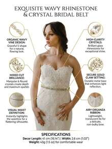 Gold Rhinestone Bridal Belt, Crystal Leaf Vine Wedding Sash, Elegant Evening Dress Waist Accessories - Gold - View 8