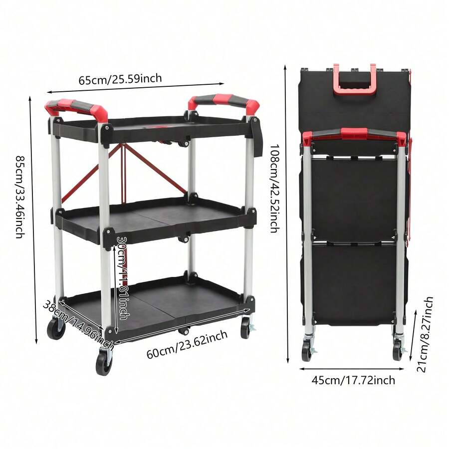 SanBouSi Foldable Rolling Service Cart Kitchen Storage Cart 3-Tier Service Carts With Wheels - Black and Red - View 1