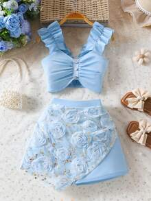 2件套女童褶皱吊带背心和3D玫瑰网纱拼接不对称短裤套装，夏季 - 淺藍色 - 查看 1