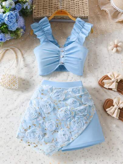 2pcs/Set Girls Pleated Camisole Top And 3D Rose Mesh Patchwork Asymmetrical Shorts Set, Summer