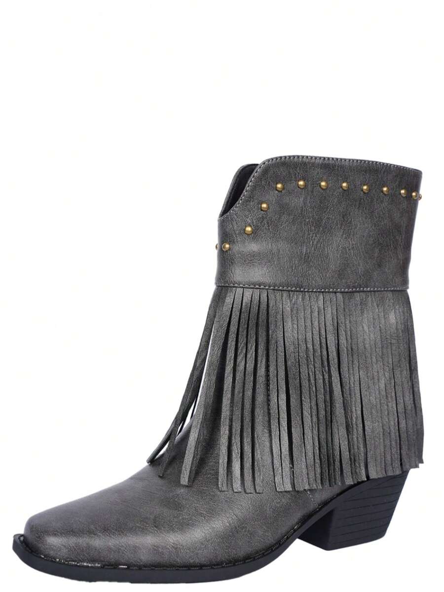 Women's Brown Western Cowboy Boots New European And American Western Style Features Traditional Embroidery With Square Toe And Low Heel. The Soles Of The Boots Are Non-Slip And Wear-Resistant, And They Are Not Tired. They Are Suitable For Wearing Ranch Culture, Rodeo Parties And Street Fashion In Daily Festivals. - Grey - View 1