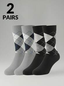4/2/1 双装男士袜子，经典菱格纹英伦风加长男士中筒袜，商务男士袜子
