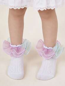 1 Pair Cotton Children's Lace Trim Short Socks, Fluffy Lace Mesh Girls' Lace Trim Socks, Cute Princess Dance Socks - White - View 3