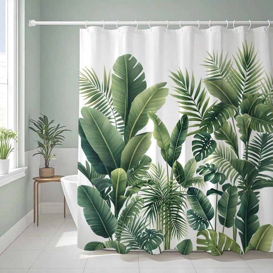 Curtain 200 X 200cm Green Shower Curtains Set Mould Mildew Proof Resistant 3D HD Nature Palm Leaves Bathroom Curtains Washable Weighted Hem Fabric Polyester With 12 Hooks For Wet Room - 200Wx200Lcm1Panels - View 1