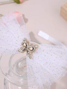 1件白色网纱蝴蝶结发箍，适合女孩，金色水钻蝴蝶结发圈，闪亮亮片蝴蝶结发带，甜美公主风蝴蝶结发箍，青少年发饰 - 白色 - 查看 5