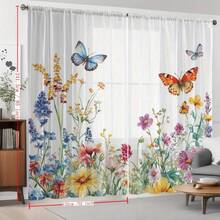 2 piezas de cortinas transparentes con estampado de flores y mariposas en acuarela, impresión 2D, adecuadas para la decoración de ventanas primaverales, estilo de hogar fresco, aplicables para cocina, cafetería, sala de estar, dormitorio, jardín, con bolsillo para barra - Multicolor - Ver 14