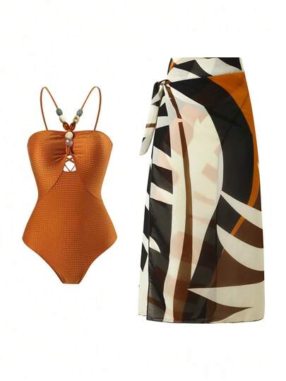 New Style Women's Vintage Spa Bathing Suit And Chiffon Cover-Up Skirt 2pcs Set, One Size Summer Elegant Vacation Beach