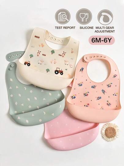 2pcs/1pc Baby Silicone Bibs, Leak-Proof, Anti-Stain, Soft, Adjustable, Boilable, Portable, Geometric, Polka Dot, Farm Animal, Wild Flower Patterns, Suitable For Baby Daily Use And Outings