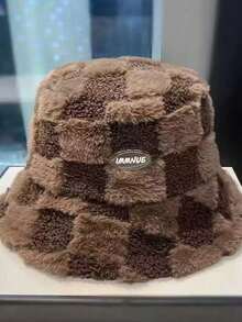1pc Women's Brown Textured Faux Fur Bucket Hat - Warm Fluffy Winter Hat, Autumn/Winter Outfit