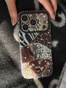 秋冬甜美辣妹拼接动物纹星空图案手机壳,兼容 17 Pro Max、16 Pro、13、14 Pro、15 Pro,创意双层防震手机壳 - 彩色 - 查看 3