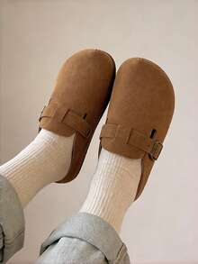 女士平底拖鞋，勃肯鞋风格，纯色闭趾拖鞋，休闲平底鞋，新品上市，独特拖鞋，凉鞋，时尚圆头搭扣装饰，一脚蹬穆勒鞋，秋季鞋款，鞋子，拖鞋，凉鞋，女士拖鞋，驼色拖鞋，女鞋，卡其色鞋，经典女鞋 - 駝色 - 查看 2