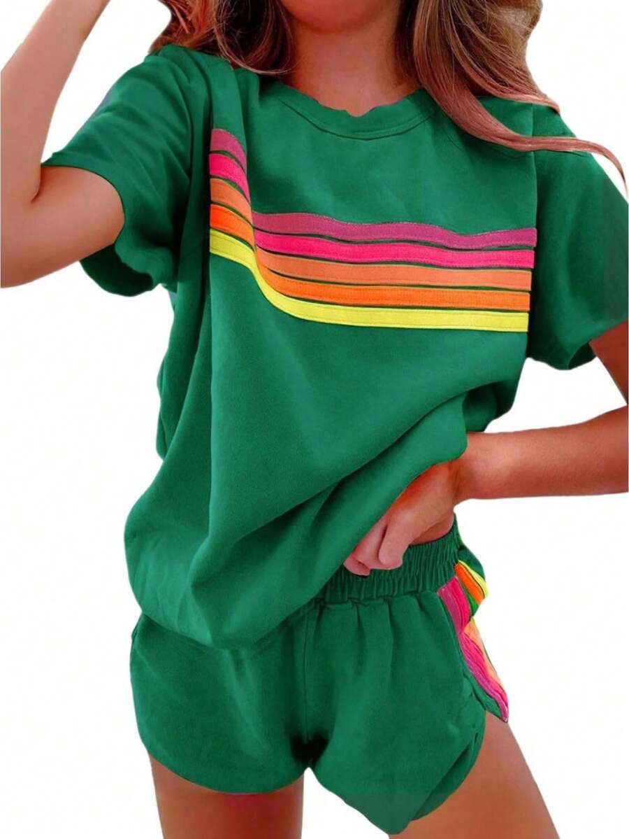 2 Piece Lounge Sets For Women Summer Rainbow Striped Tops Casual Shorts Color Blocked Suit Sweatshirts Set - Green - View 1