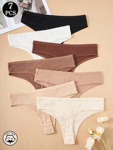 7pcs Women's Sexy Cotton Ribbed Thong Panties, Seamless & Comfortable Underwear - Multicolor - View 3