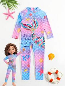 少女卡通美人鱼鳞片印花长袖拉链连体泳衣 - 彩色 - 查看 3