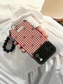 Leather Fashion Phone Cases Red Plaid Bow Flower Leather Texture Phone Case With Handmade Beaded Heart Strap, Compatible With IPhone XR, 11, 12, 13, 14, 15, 16, 17, 17 Pro, 17 Pro Max Spring Gift Case - Multicolor - View 2