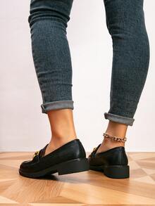 Women's Loafers, Round Toe Metal Buckle Flat Loafers, Outdoor Retro Women's Shoes, Flat Brogues, Women's Shoes, Women's Casual Shoes, Black Shoes - Black - View 6