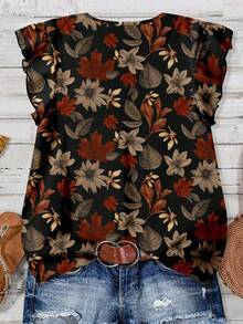 V-Neck Short Sleeve Women's Blouse, Floral Print With Button Details Vacation Summer - Multicolor - View 1