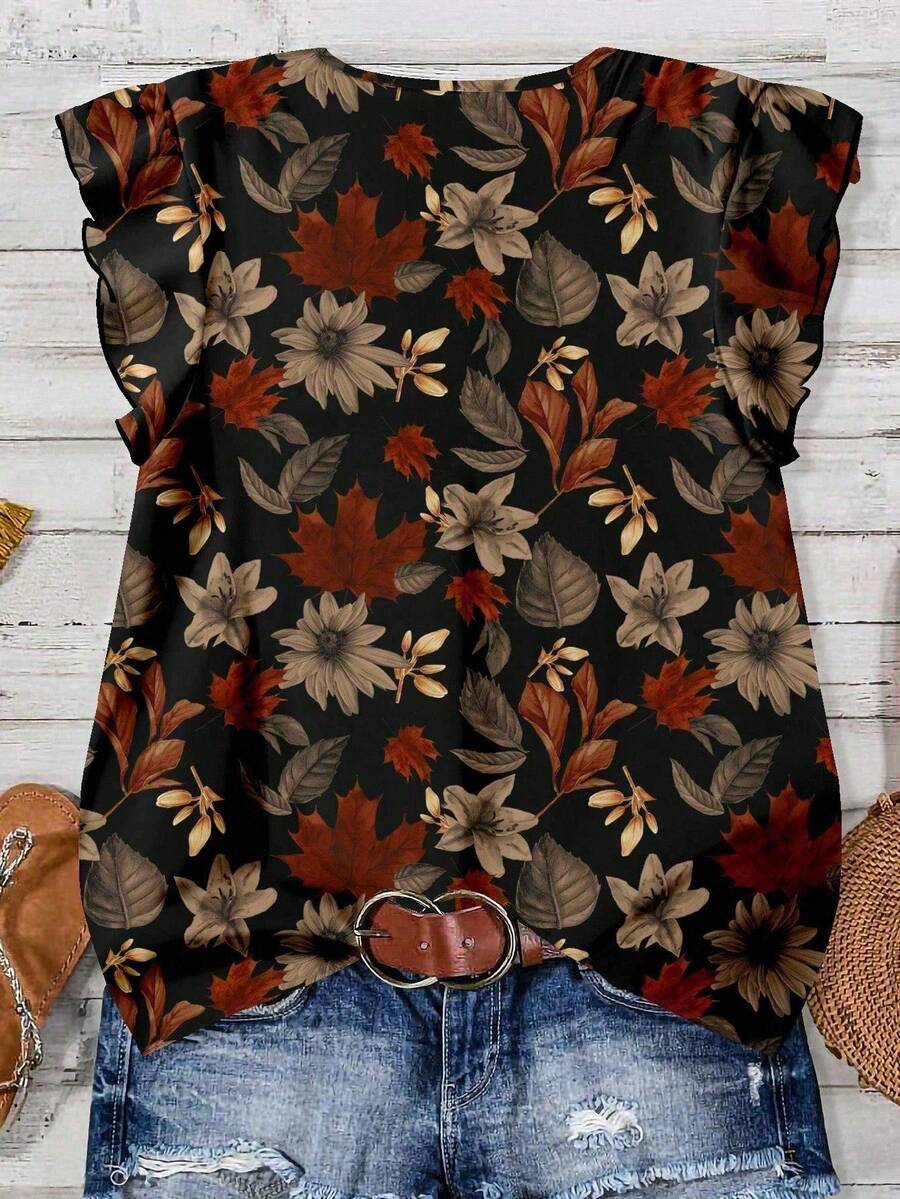 V-Neck Short Sleeve Women's Blouse, Floral Print With Button Details Vacation Summer - Multicolor - View 1