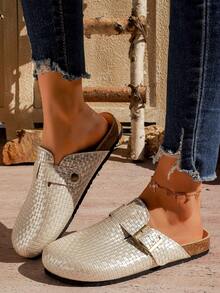 Women's Spring/Summer Flat Closed-Toe Slides - Popular Slip-On Slouchy Shoes With Belt Buckle, Fishing Net Woven Slippers Versatile Design. - Silver - View 15