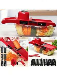 六合一蔬菜切片器和切丁器，带钢刀片，可切片、削皮、削胡萝卜、刨丝、切丁，厨房配件 - 紅色 - 查看 2