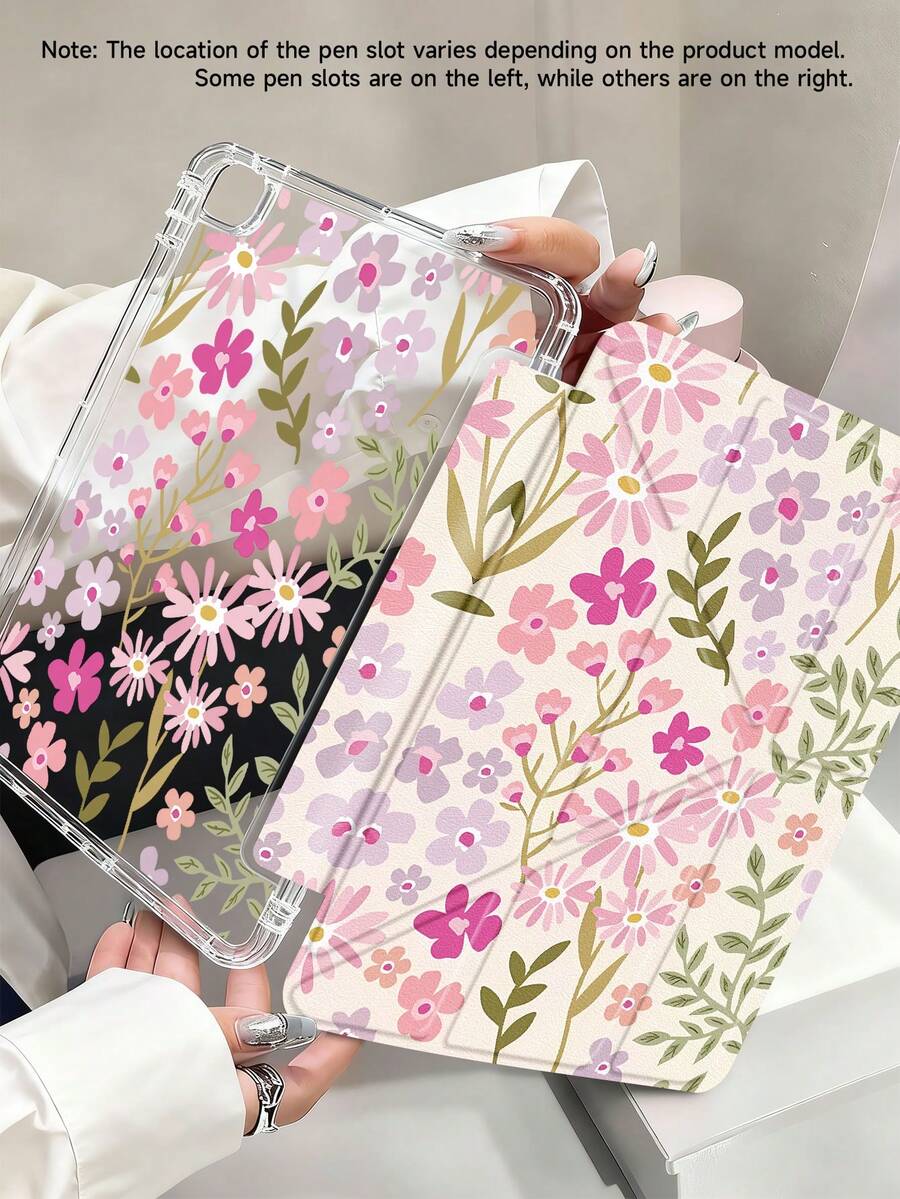 粉色花卉印花平板保護殼，相容 iPad 9.7/10.2/10.5/10.9/12.9/Pro 11、第 10 代，相容 Galaxy Tab S6 Lite 10.4 吋，相容 Kindle Paperwhite 第 12 代 2024、Kindle（第 11 代 - 2024 發行），柔軟防摔，智慧支架/自動喚醒/睡眠，Y 型折疊平板保護套，多角度視角，女孩風格