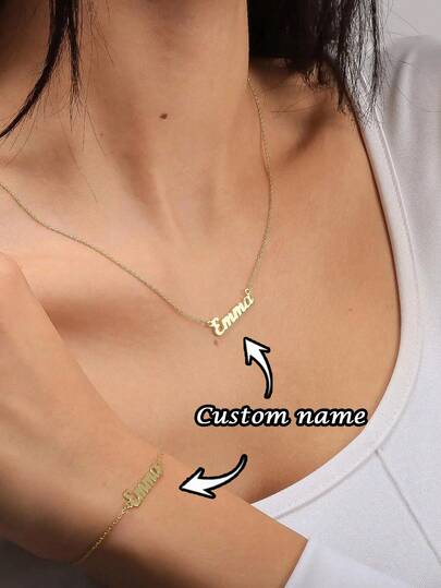 1PC [Customized] Personalized Name Necklace And Bracelet Set, Custom Jewelry Set, Matching Name Gift, Stainless Steel Jewelry, Minimalist Name Customization, Women's Necklace, Custom Necklace And Bracelet, Custom Gift, Engraved Jewelry For Her, Customizable Gift Set, Valentine's Day, Mother's Day, Eid, Back To School Season Gifts, Personalized Custom Set