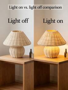 1pc Bohemian Rattan Pleated Table Lamp, Nordic Ins Style Soft Lighting Bedroom Bedside Lamp, Cozy Decor Nightlight For Homestay - Natural Wood Color - View 2