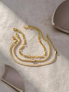 3pcs/Set Summer Vacation Fashion Mixed Wear Geometric Copper Zirconia, Stainless Steel Blade Chain & Iron Grinding Chain Multi-Layer Stacking Bracelet For Women - Yellow Gold - View 2