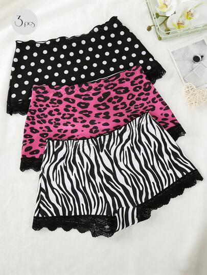 3pcs Y2K Classic Leopard, Zebra, Polka Dot Romantic & Comfortable Women's Briefs Set