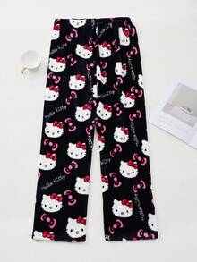 Sanrio Women's Hello Kitty Black Flannel All-Over Print Fluffy Pajama Pants, Cute Cartoon Print Soft Skin-Friendly Sleepwear Bottoms, Versatile & Comfortable For All Occasions, Ideal Warm Gift For Couples, Best Friends, Birthdays, Holidays, Fall Winter, Cozy - Multicolor - View 6