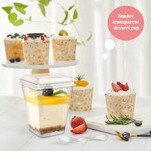 5盎司小方形透明甜点杯，带盖和甜点勺，适用于甜点、开胃菜、布丁、提拉米苏、冰淇淋、酸奶等。 - 彩色 - 查看 3