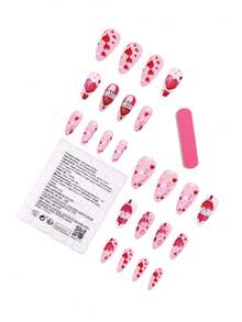 24片情人节红色爱心气球图案美甲贴片，杏仁形，哑光美甲用品，适合日常佩戴 - 彩色 - 查看 5