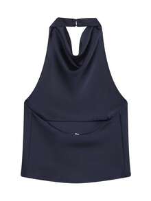 Regata Preta de Cetim Sem Costas para Mulheres, Top de Praia de Verão para Mulheres, Colete Ombro de Fora para Mulheres - Azul Marinho - Visão 4