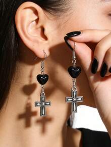 1 Pair Retro Street Style Cross & Heart Pendant Earrings, Edgy Black Earrings - Antique Silver - View 1