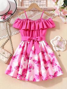 女童甜美公主连衣裙，蝴蝶印花蓬蓬裙，吊带露肩荷叶边设计，收腰剪裁，夏季公主甜美风 - 玫紅色 - 查看 6