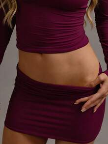 XLLAIS Falda corta plisada de unicolor, ajustada y versátil, para el verano - rojo violáceo - Ver 2