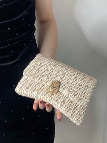 New Spring/Summer Women's Straw Bag With Skull Decor, Beach Clutch, Essential For Vacation, Suitable For Daily, Party, Wedding, Lightweight, Vintage Charm, Best Gift For Women - Apricot - View 13